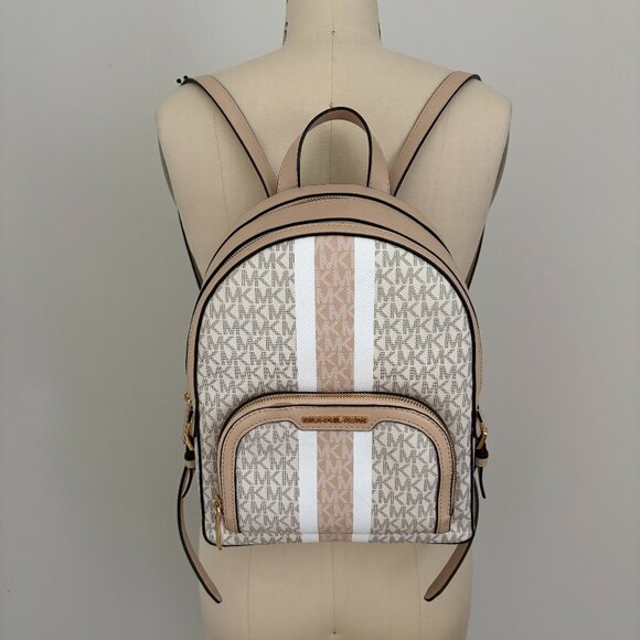 Michael Kors Jaycee Medium Backpack Vanilla Beige Coated Canvas Zip Bag - Picture 1 of 14